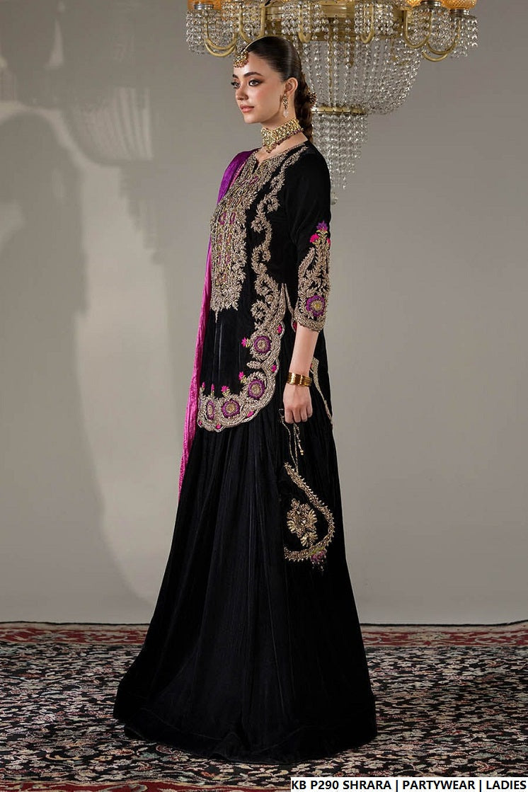 Pakistani women's velvet hand embroidered luxury sharara back view
