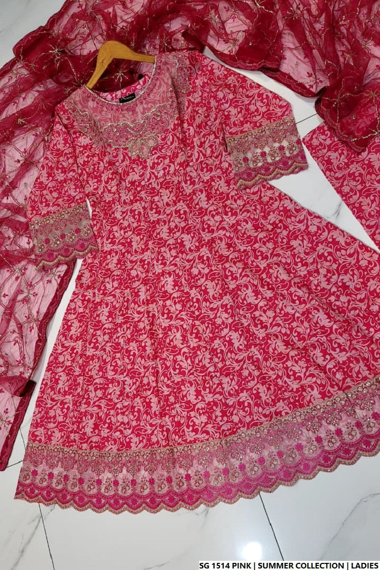 Pakistani women's pink lawn A-Line casual outfit back view