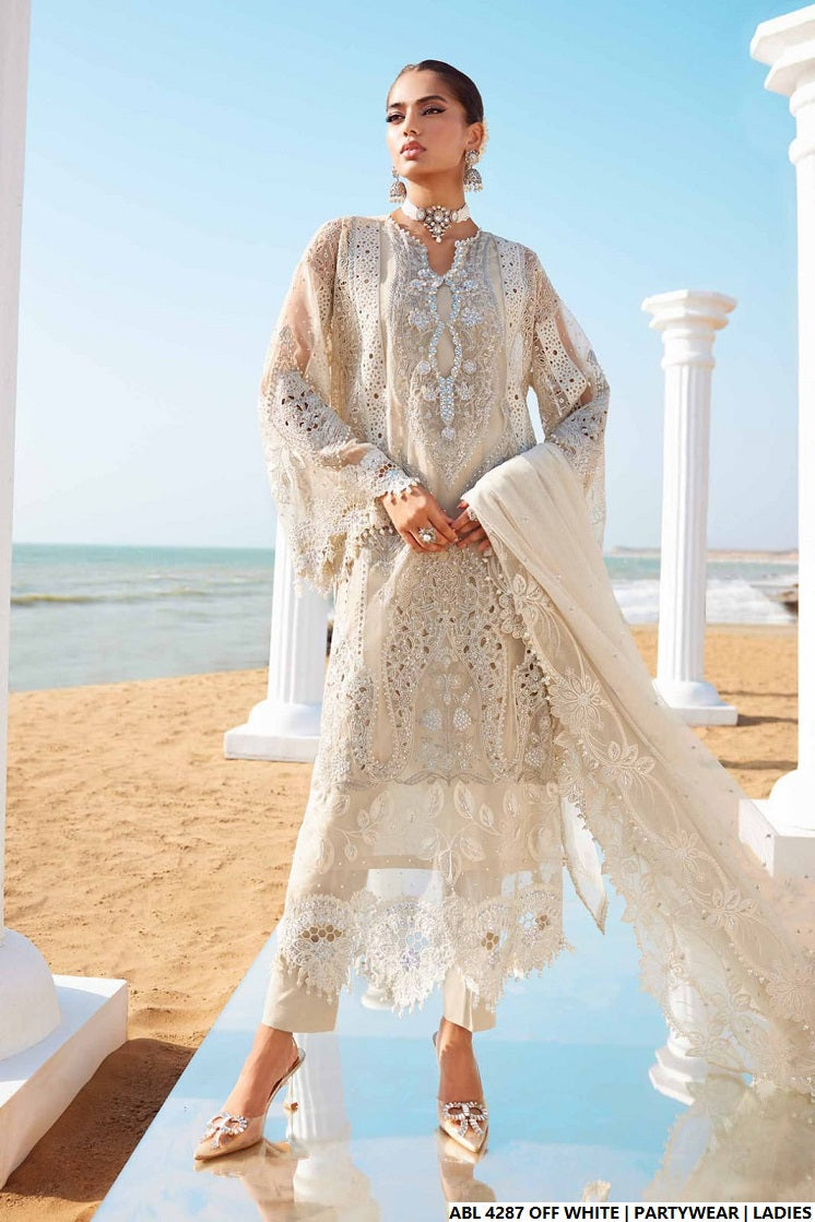 Organza A-Line shirt off white - Pakistani women's elegant formal wear with viscose trouser and organza dupatta front view
