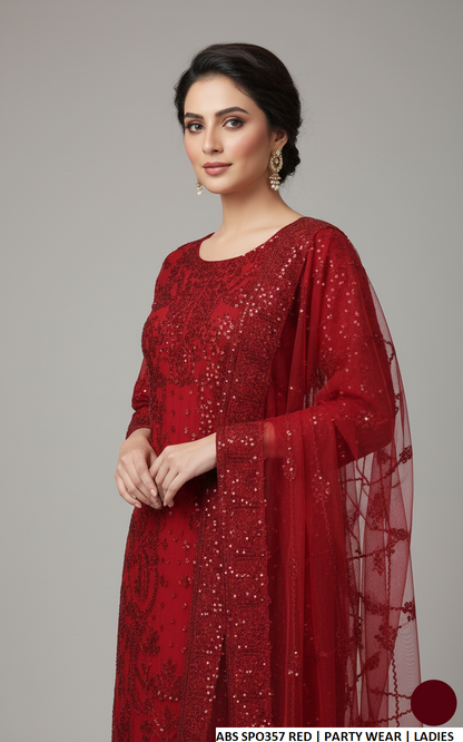 Red soft net Pakistani women's straight shirt with plazo side view