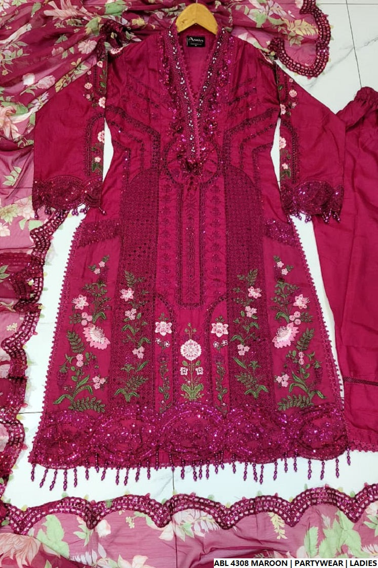 Pakistani women's maroon organza A-Line shirt detail view