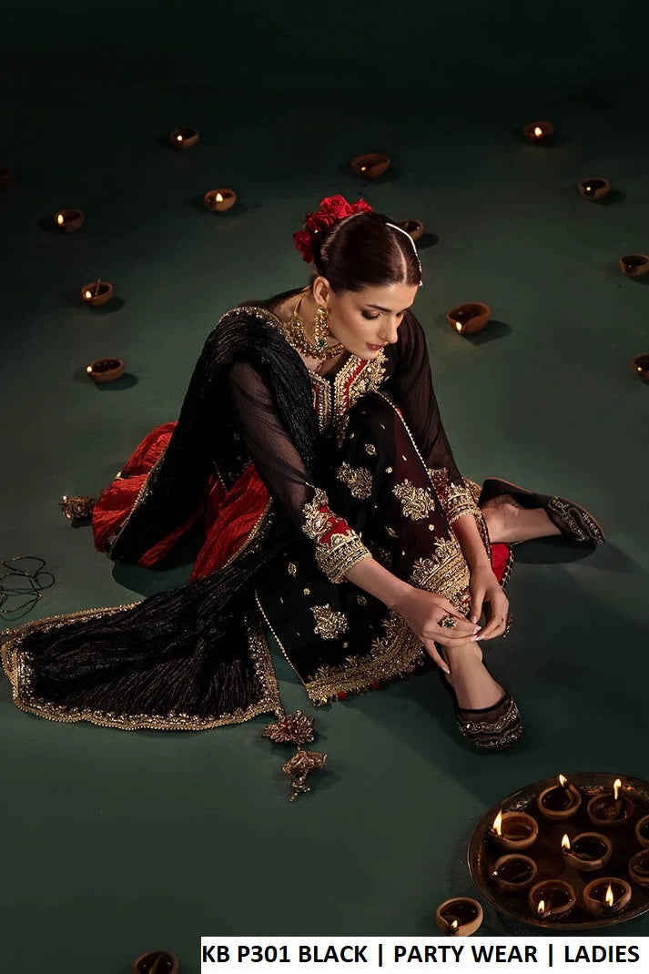 Pakistani women's black crinkle chiffon long shirt detail view