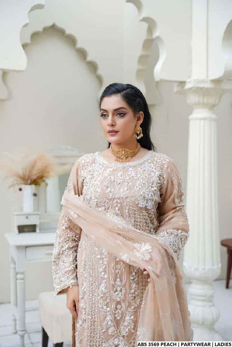 Peach organza Pakistani women's straight shirt side view