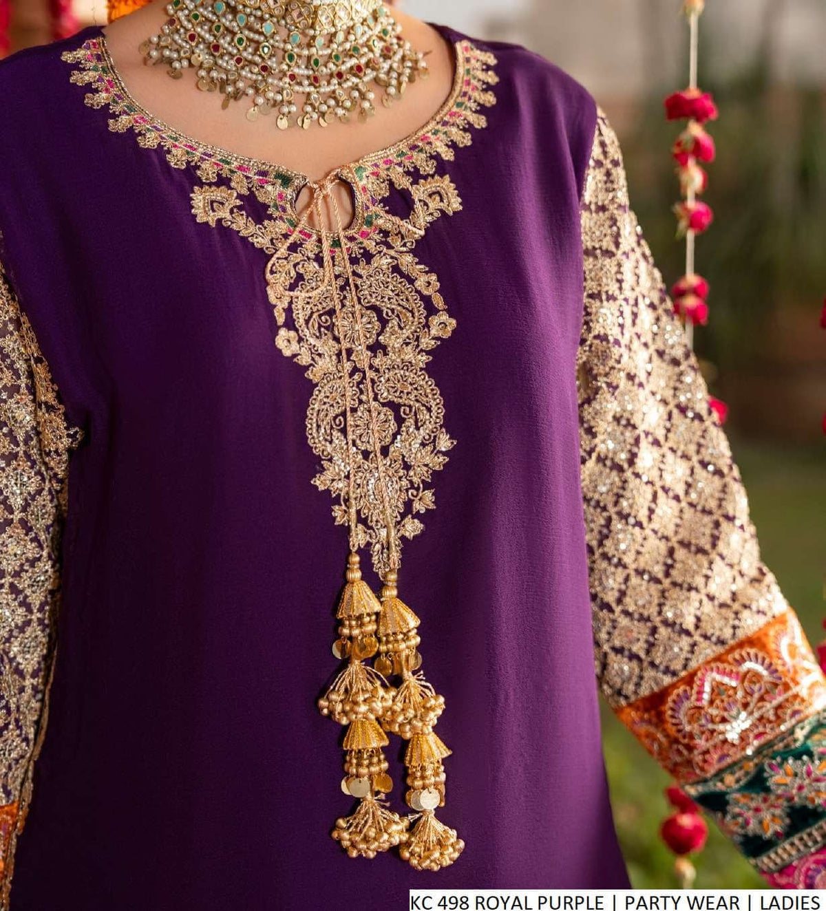 Pakistani women's purple chiffon short shirt garara detail view