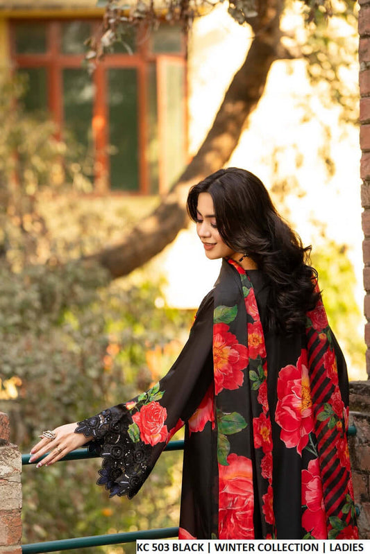 Black silk Pakistani women's long A-Line shirt with plazo side view