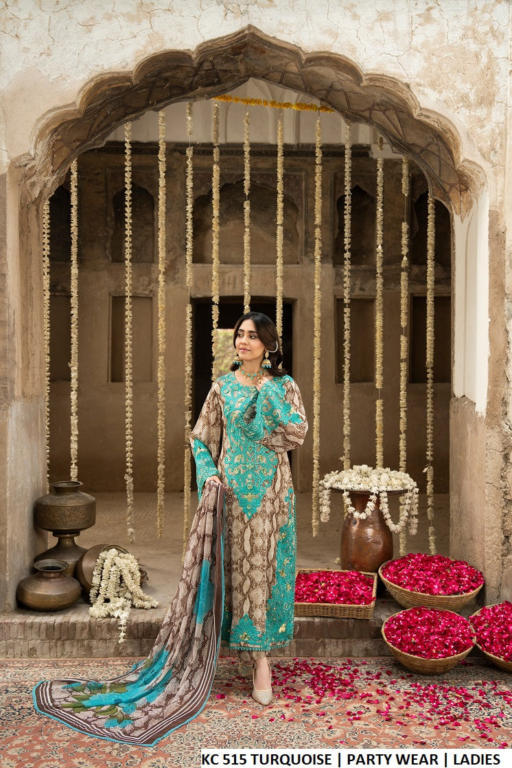 Cheetah printed straight shirt turquoise - Pakistani women's 3D floral embroidered casual outfit with printed dupatta front view