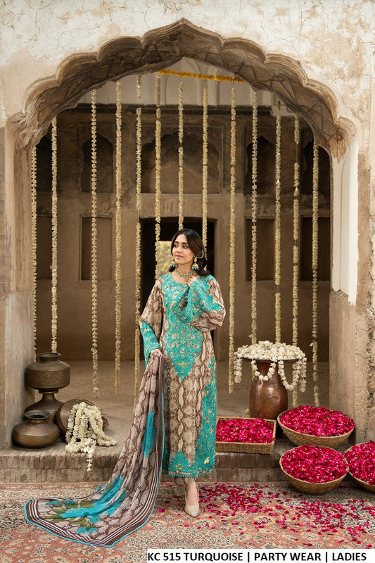 Cheetah printed straight shirt turquoise - Pakistani women's 3D floral embroidered casual outfit with printed dupatta front view