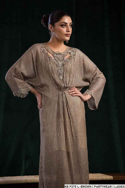 Pakistani women's light brown hand embroidered luxury suit detail view