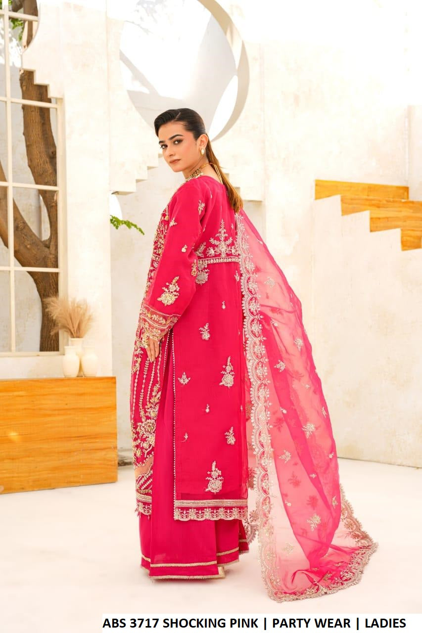 Shocking pink organza Pakistani women's straight open shirt with plazo side view