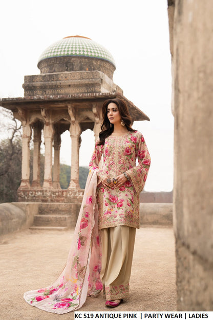 Printed georgette short shirt farshi shalwar antique pink - Pakistani women's sequins embroidered festive outfit with gotta lace dupatta front view