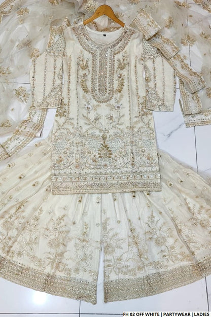 Pakistani women's off white organza open shirt full view