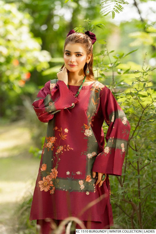Burgundy silk Pakistani women's 2-piece formal suit side view