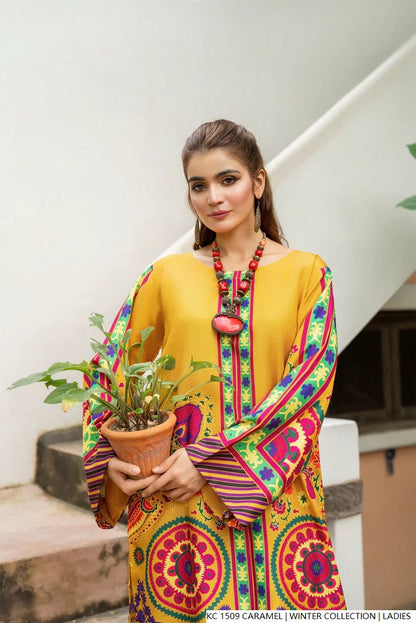 Caramel silk Pakistani women's 2-piece formal suit side view