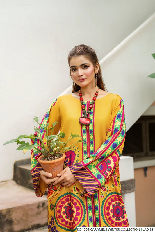 Caramel silk Pakistani women's 2-piece formal suit side view