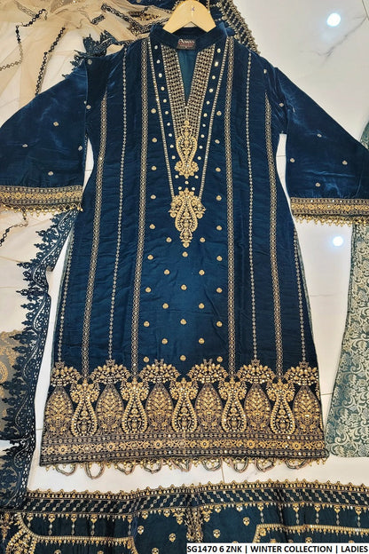 SG1470 6 ZNK Velvet Pakistani women's straight shirt with net dupatta side view