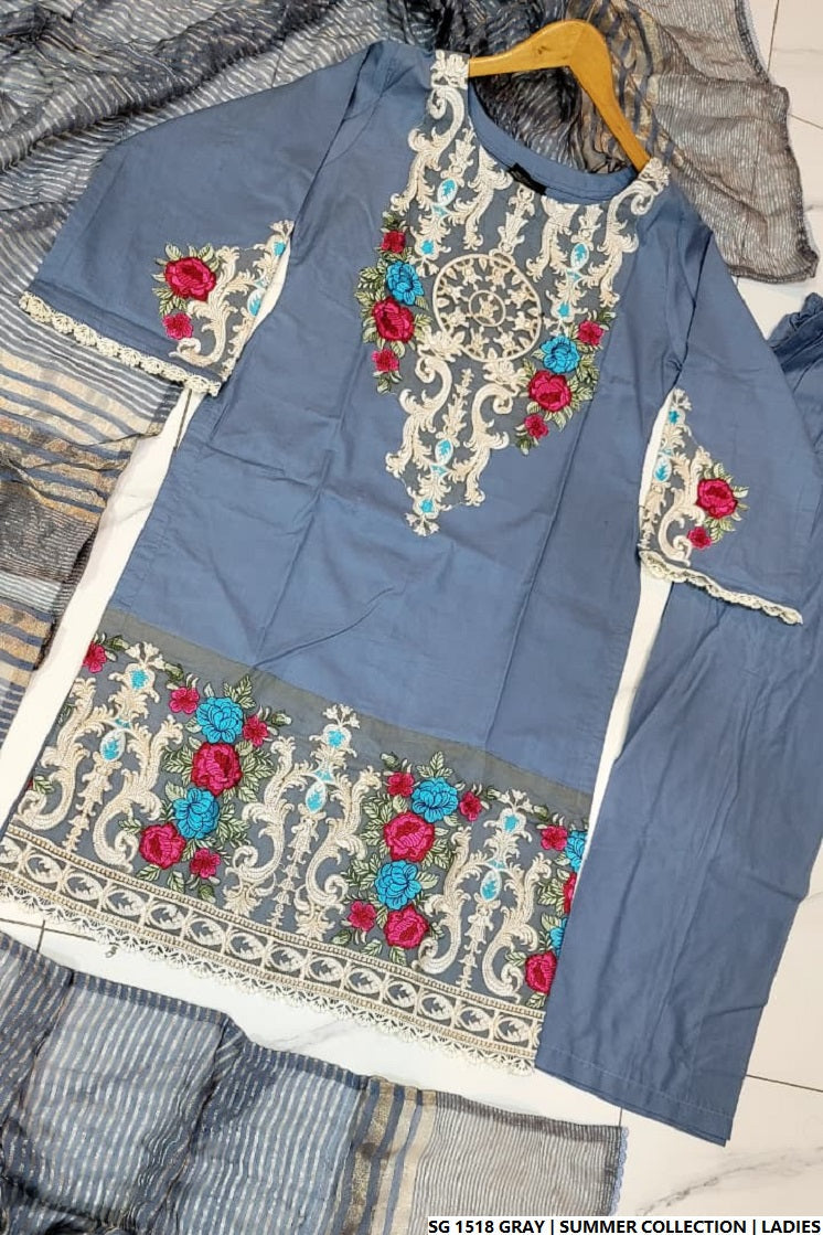Pakistani women's grey lawn A-Line casual outfit back view
