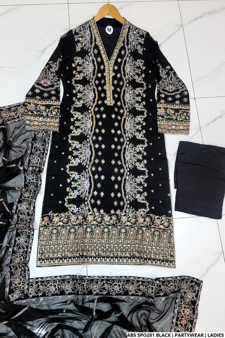 Chiffon straight shirt plazo black - Pakistani women's party wear with viscose plazo and chiffon dupatta front view