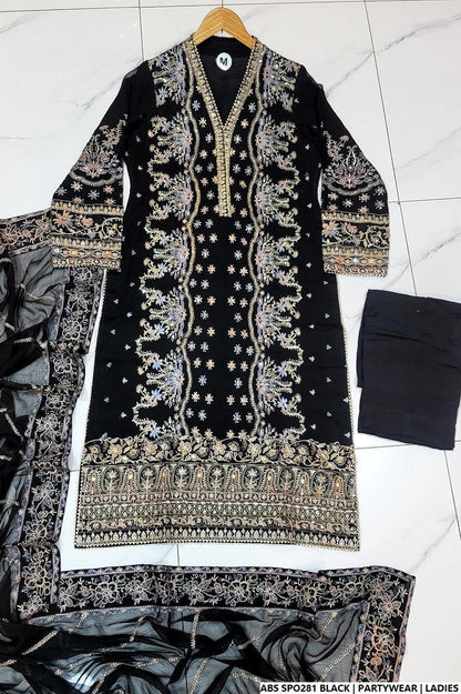 Chiffon straight shirt plazo black - Pakistani women's party wear with viscose plazo and chiffon dupatta front view