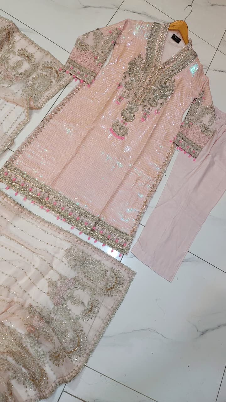 Pakistani women's pink soft net A-Line shirt plazo full view