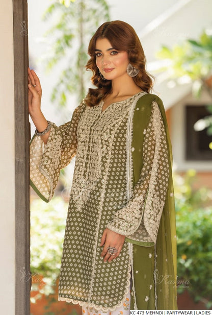 Pakistani women's mehndi green silk long kaftan detail view