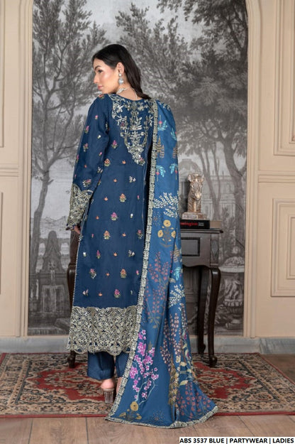Pakistani women's blue organza straight shirt back view