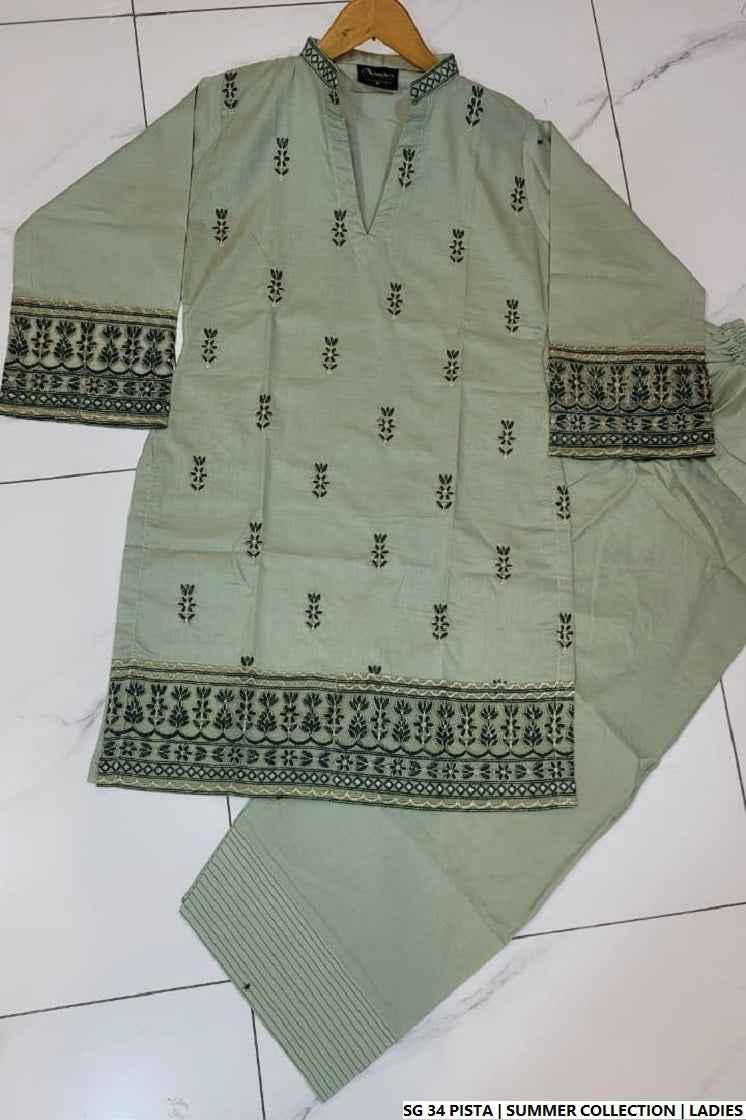 Pakistani women's pista green silk short shirt farshi shalwar full view