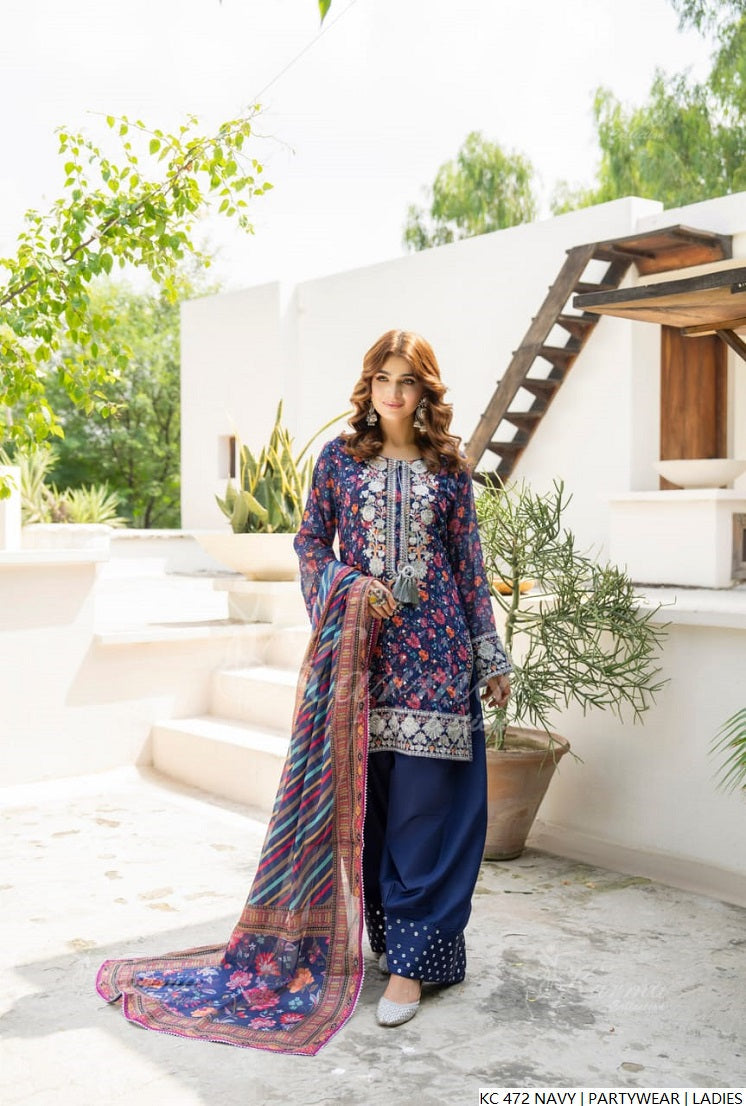 Pakistani women's navy blue silk long kaftan detail view