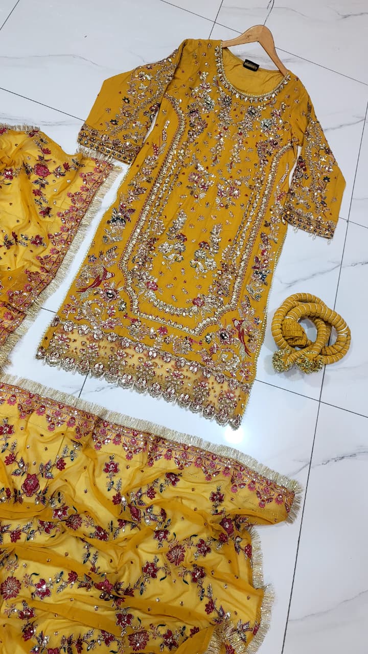 Pakistani women's mustard yellow organza A-Line shirt back view