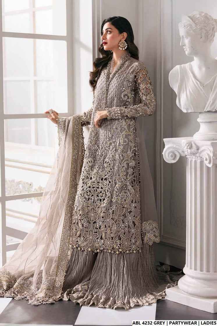 Pakistani women's grey organza A-Line shirt detail view