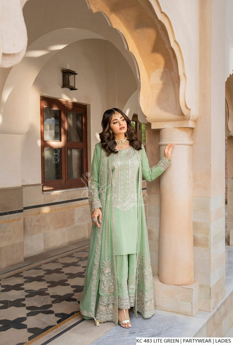 Silk long kaftan plazo light green - Pakistani women's luxury formal wear with silk dupatta front view