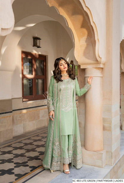 Silk long kaftan plazo light green - Pakistani women's luxury formal wear with silk dupatta front view