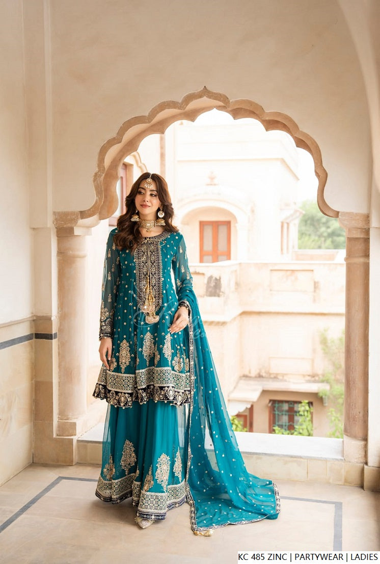 Silk long kaftan plazo zinc grey - Pakistani women's luxury formal wear with silk dupatta front view