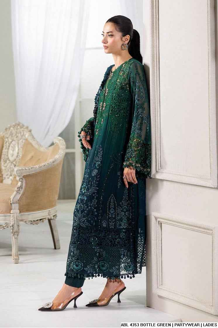 Pakistani women's bottle green chiffon A-Line shirt back view