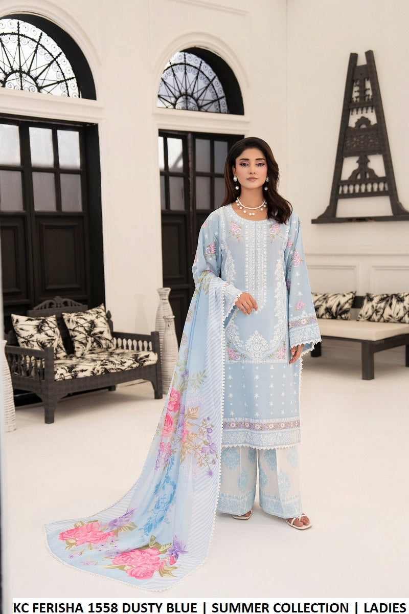 Cotton straight shirt plazo dusty blue - Pakistani women's casual elegant outfit with deep chiffon dupatta front view