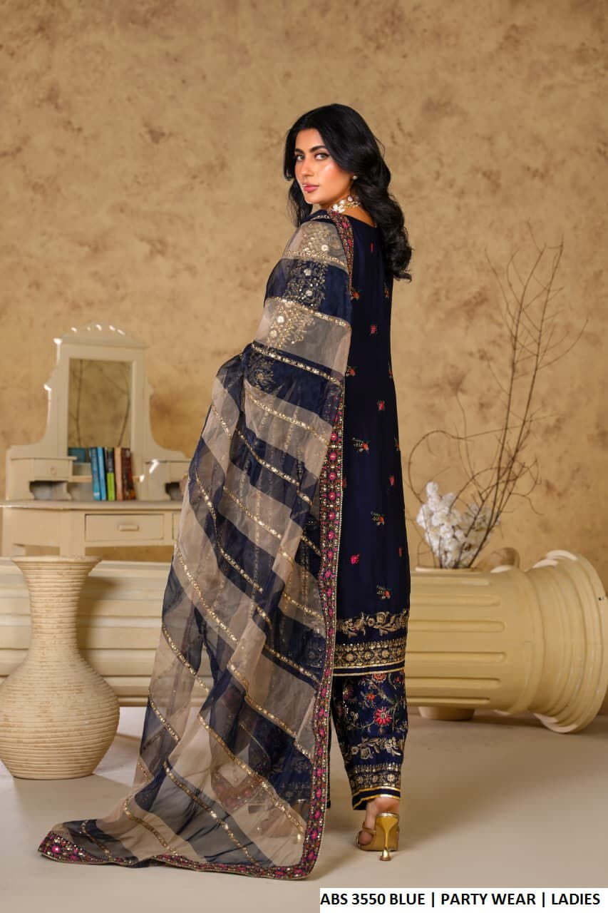 Pakistani women's blue chiffon straight shirt back view