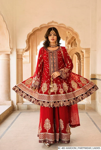 Pakistani women's maroon silk long kaftan plazo full view