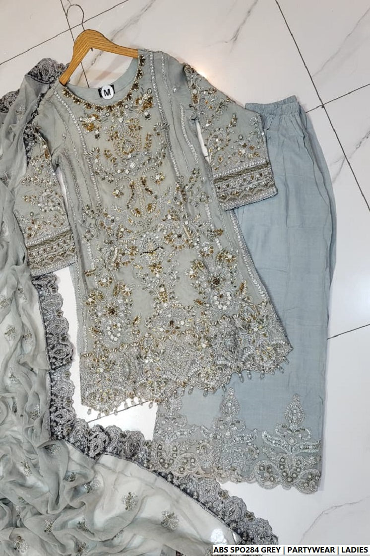 Grey chiffon Pakistani women's straight shirt with plazo side view