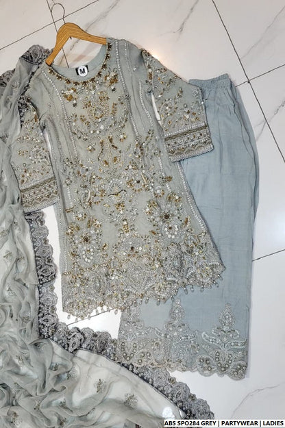 Grey chiffon Pakistani women's straight shirt with plazo side view