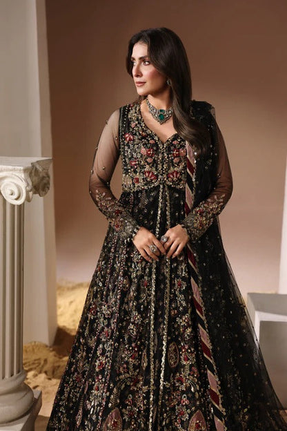 Black soft net Pakistani women's long open frock side view