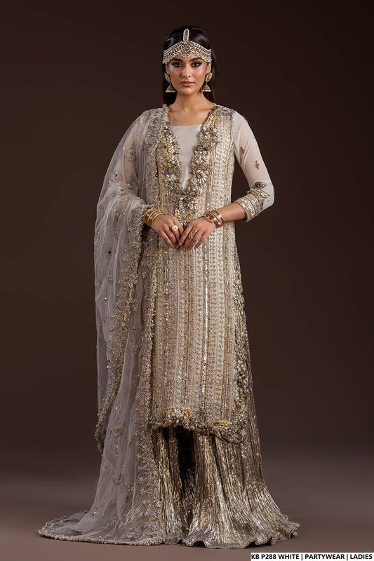 Velvet embroidered suit white - Pakistani women's luxury bridal winter wear front view