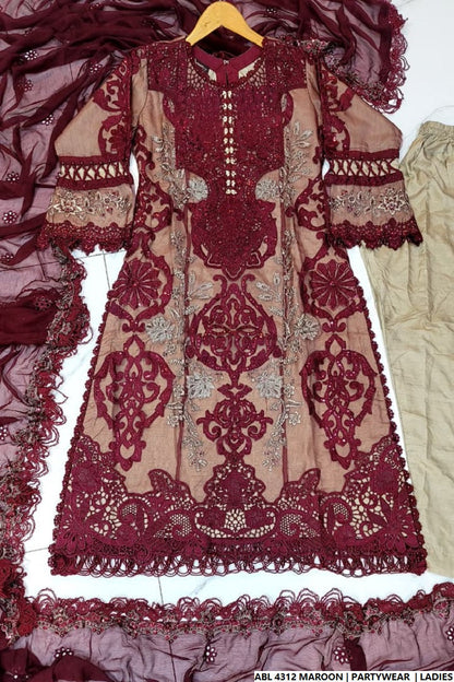 Pakistani women's maroon organza A-Line shirt full view
