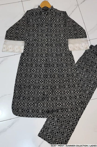 Pakistani women's lawn A-Line printed casual outfit full view