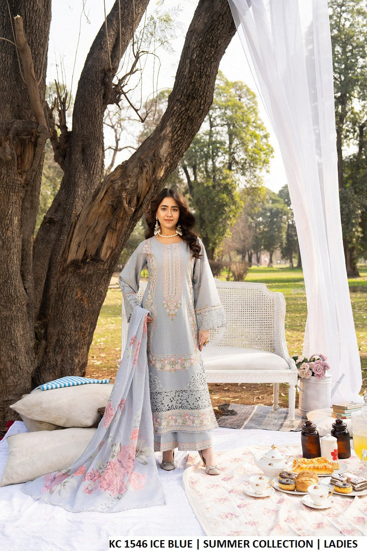 Cotton long chikankari shirt ice blue - Pakistani women's casual elegant outfit with printed lawn dupatta front view