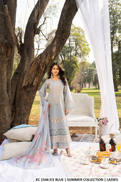 Cotton long chikankari shirt ice blue - Pakistani women's casual elegant outfit with printed lawn dupatta front view