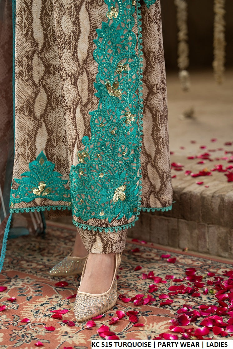 Pakistani women's turquoise cheetah printed straight shirt casual outfit back view