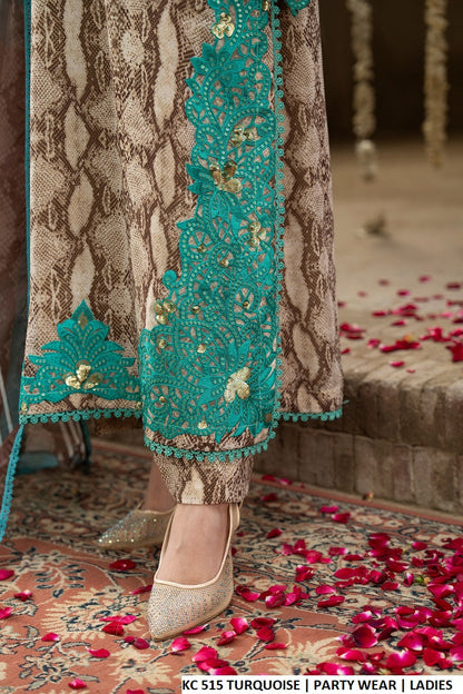 Pakistani women's turquoise cheetah printed straight shirt casual outfit back view