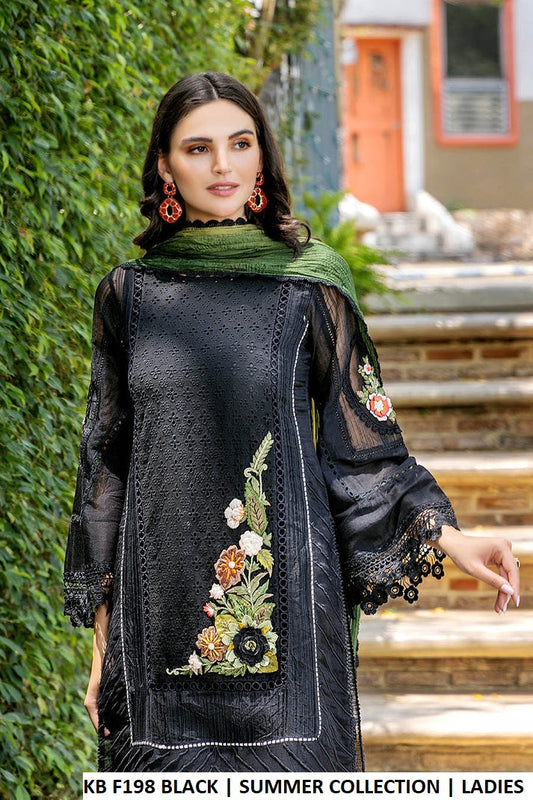 KB F198 BLACK - Black Cotton Straight 3-Piece Women's Pakistani Suit with Palazzo