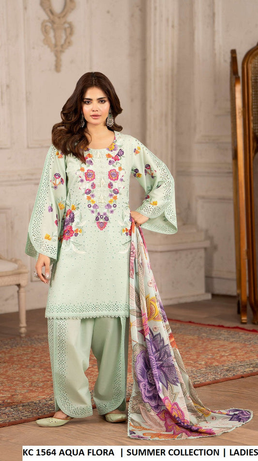 Cotton thread embroidery short shirt aqua flora - Pakistani women's casual outfit with tulip shalwar and chiffon dupatta front view