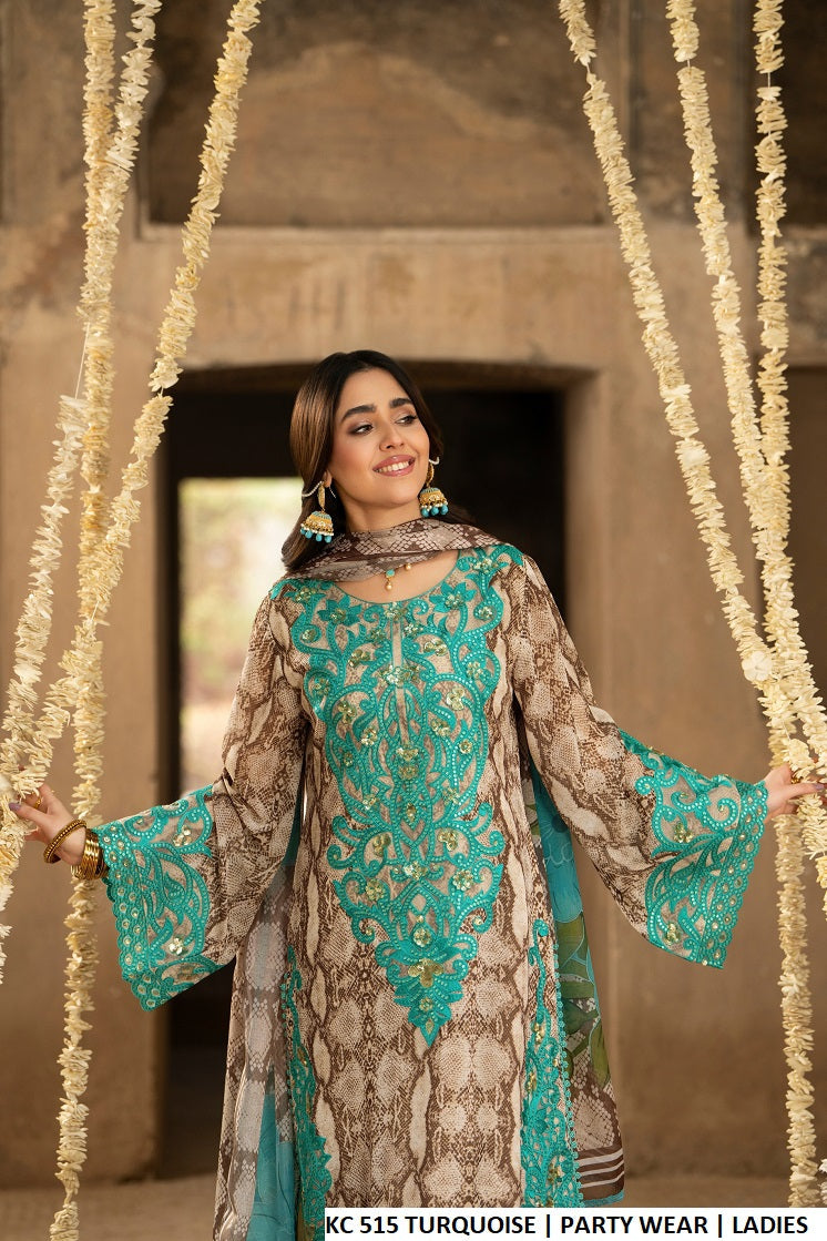 Turquoise cheetah printed Pakistani women's straight shirt with plain trouser side view