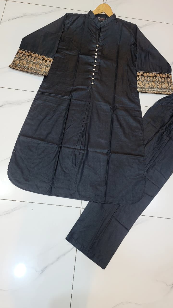 Pakistani women's black lawn A-Line casual shirt full view